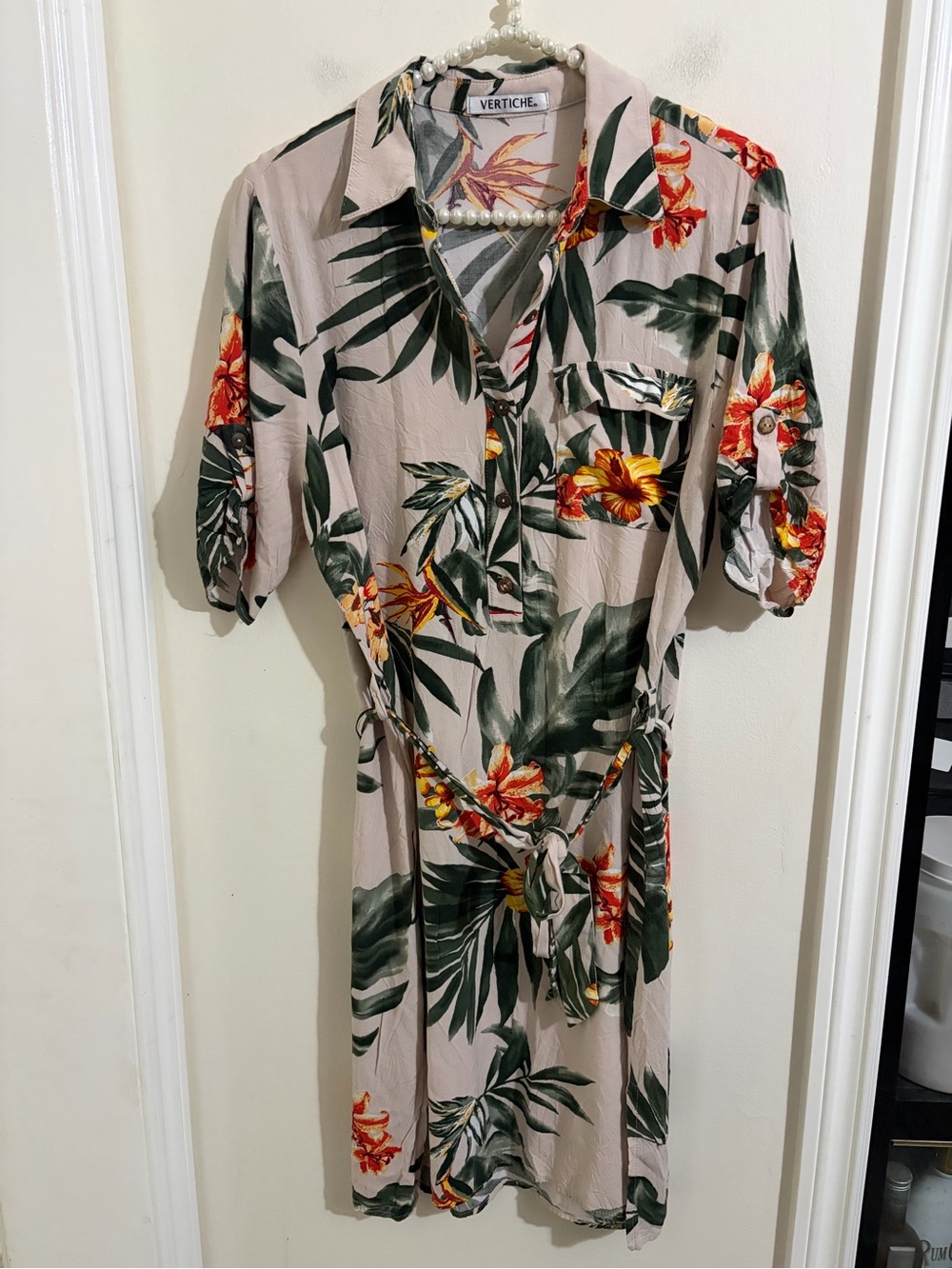 Taupe Tropical Shirt Mini Dress with Green & Orange Floral Print